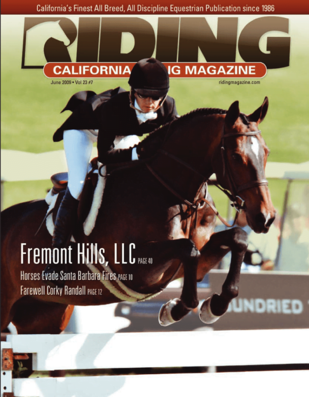 the cover of riding california magazine with a hunter jumping over a fence