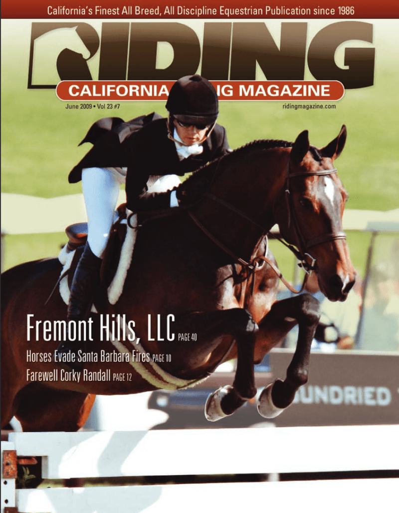 the cover of riding california magazine with a hunter jumping over a fence