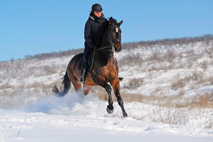 A woman rides a horse through the snow in winter.