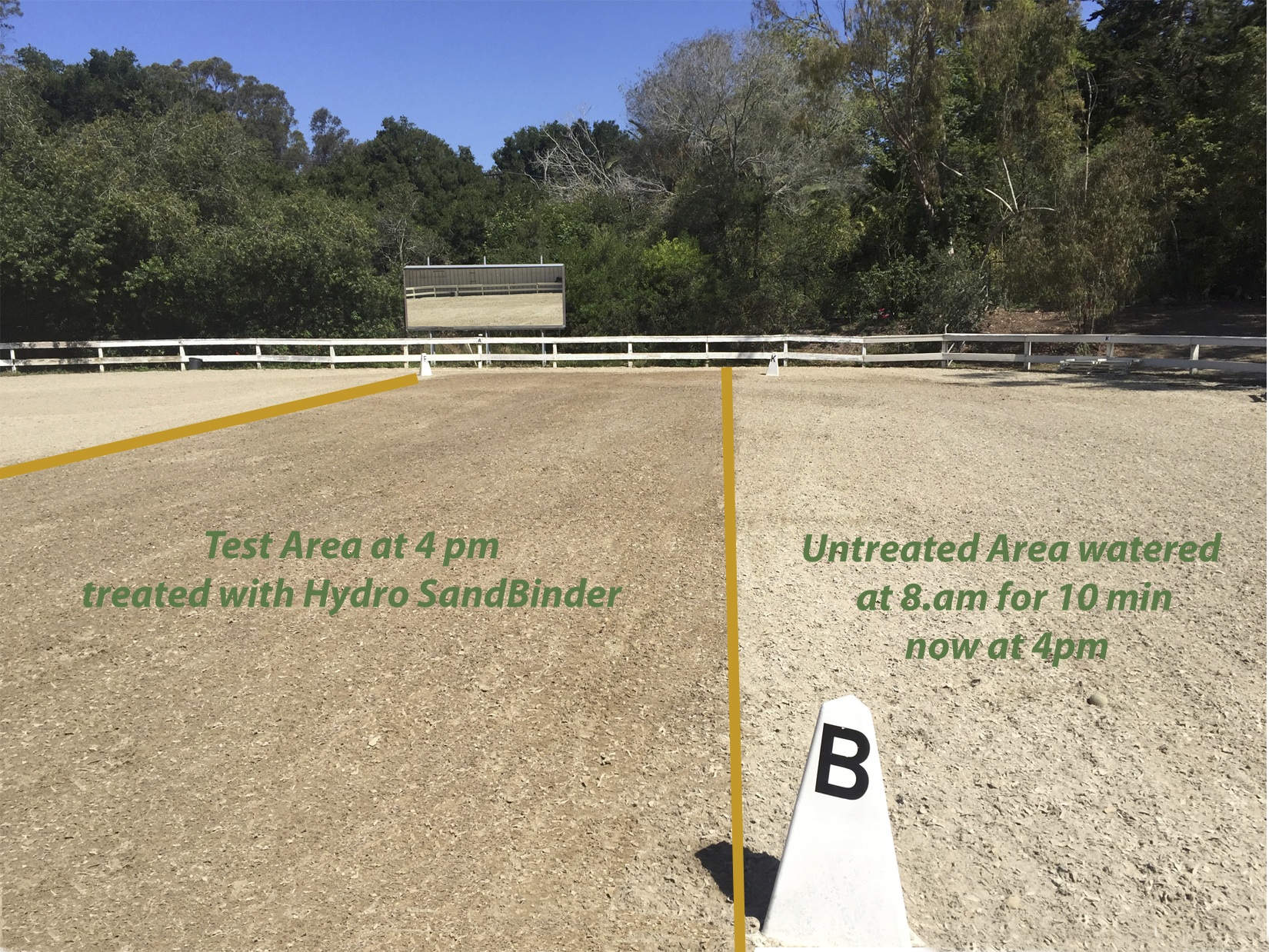 An arena with a test area that was treated with Hydro SandBinder