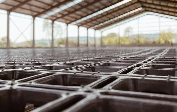 A close up of drain grids that have been laid in a covered arena.