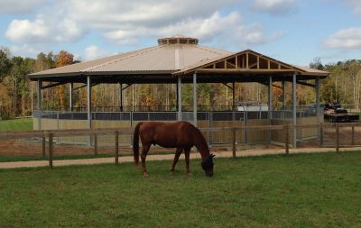 A horse stands grazing in front of a covered round pen.
