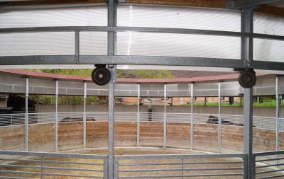 The topline of two horses can be seen from across the interior of a round horse walker
