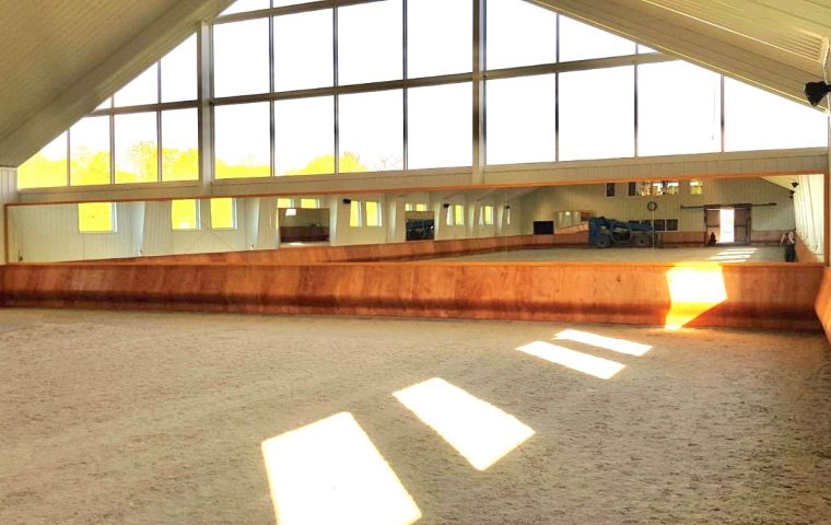 The short side of an indoor arena with the curved arena kick wall and diamond arena mirror system, topped by a dozen windows