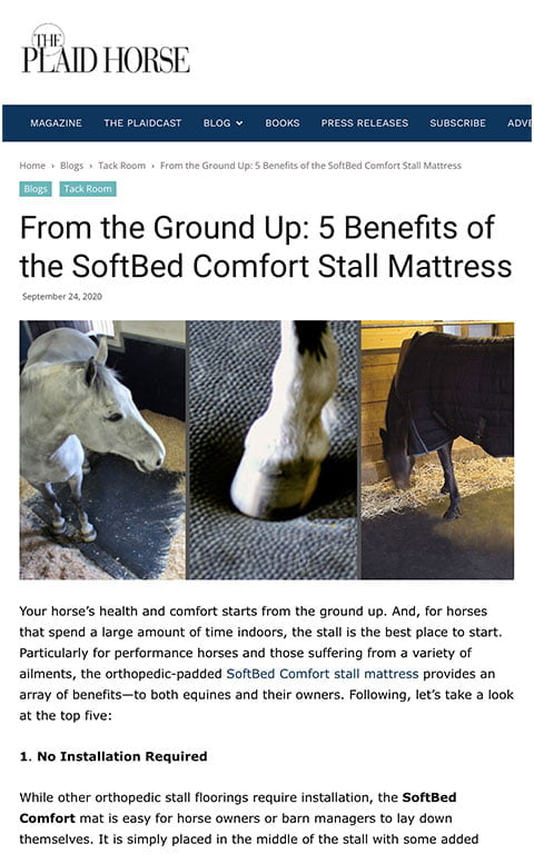 A screen shot of an article on softbed comfort mats that was featured on The Plaid Horse website.
