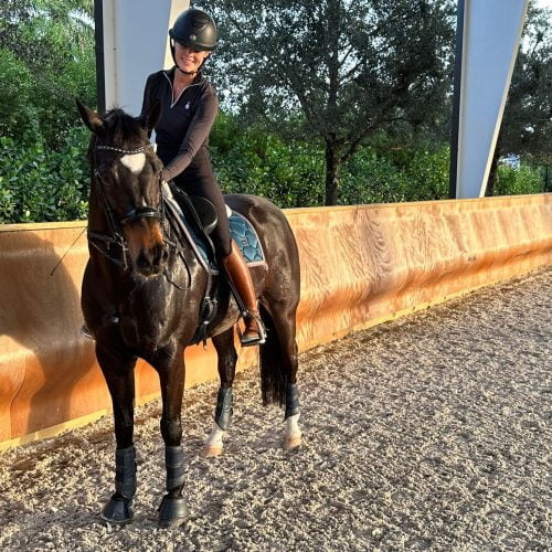 A horse and rider stand in an outdoor arena in front of the curved arena safety wall and arena mirrors