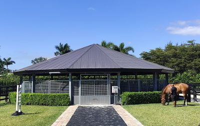 A simple covered horse exercised with a person grazing a horse in front of it