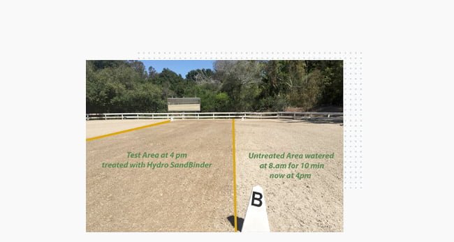 A side by side comparison of two halves of an arena - one that has been treated by Hydro SandBinder and one that hasn't