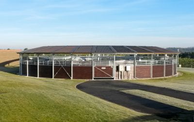 A round horse walker with cover and stained panels