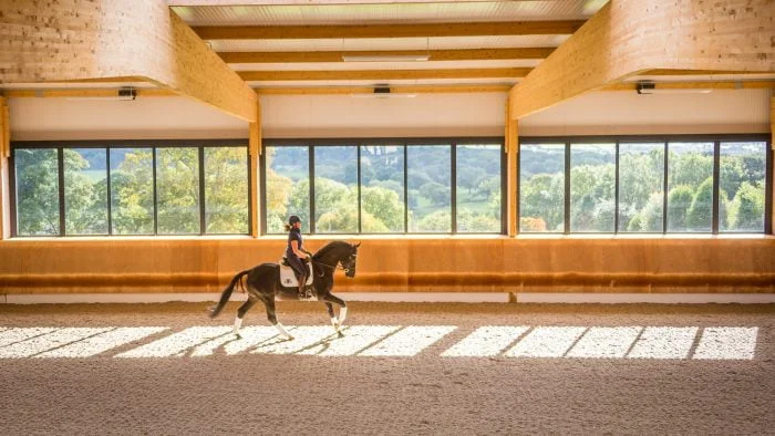 A horse and rider canter down the long side of an indoor arena with the curved kick wall