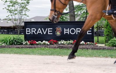 A horse trots by the Brave Horse sign in the new outdoor arena.