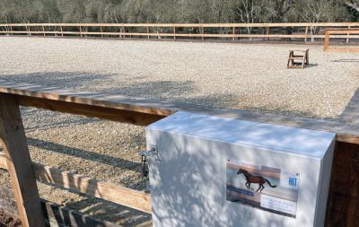 The control box for the HIT Active Aqua system outside the newly completed horse arena in Montecito.