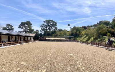A horse and rider walk along the fence in the new outdoor dressage arena at Palos Verdes.
